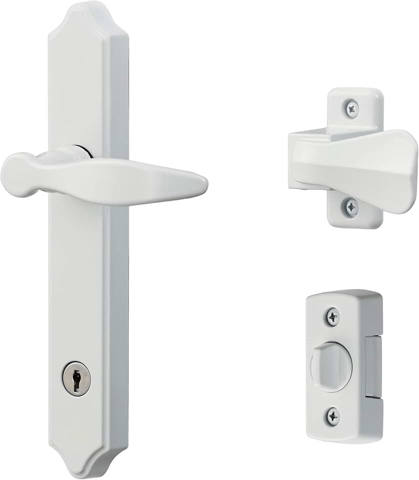 Ideal Security 1216 Surface Mount Storm Door Handle with Lock and Key for 1 – 1 ½ inches Thick Doors (White, 4-Posts)