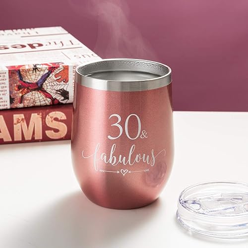 Miniatura 5 de Crisky Vaso de vino de oro rosa con el número 30 y fabuloso para mujer, regalo de cumpleaños 30 para mujeres, esposa, mamá, hermana, tía, amigas,