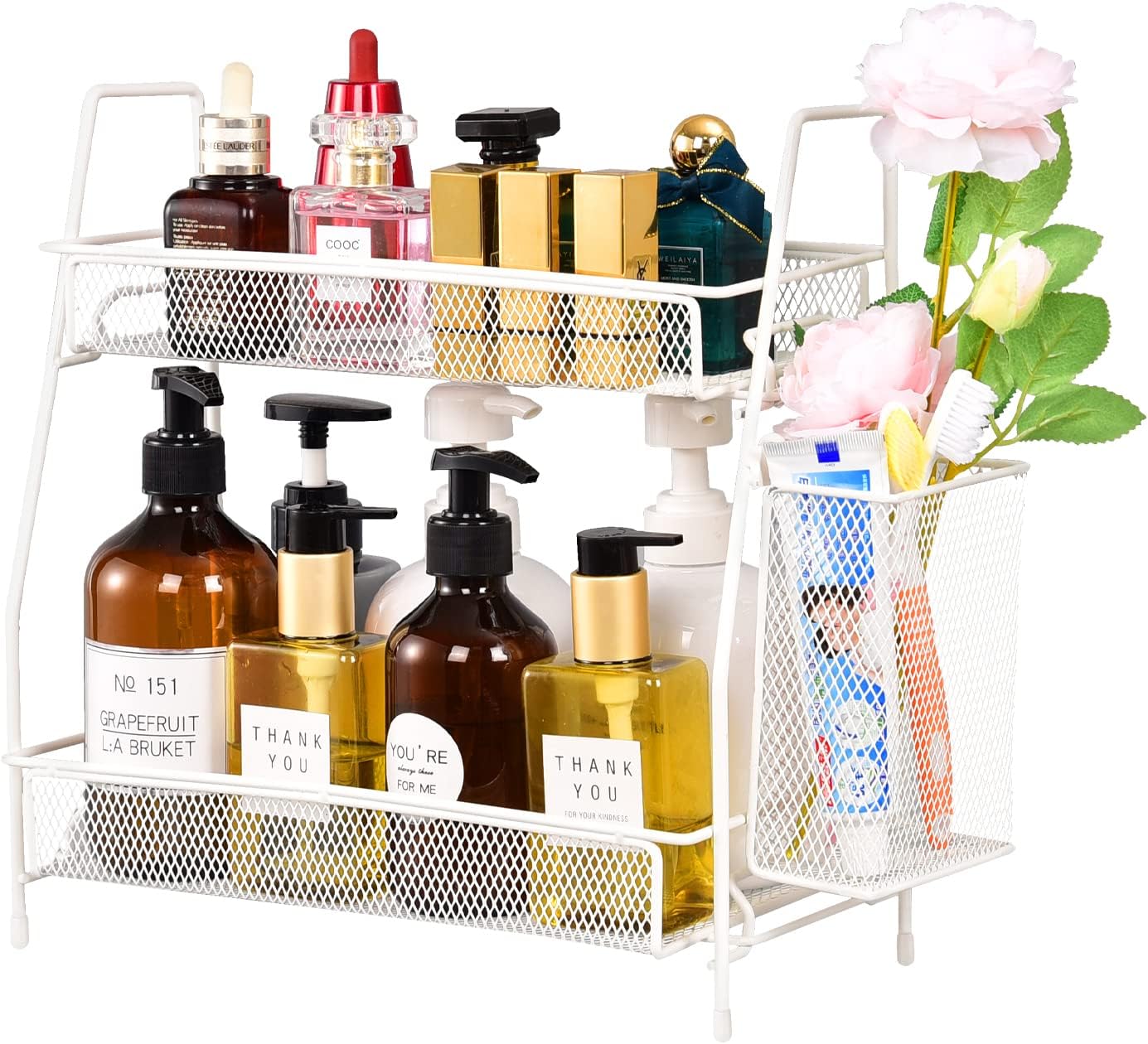 LEMIKKLE Countertop organizer for bathroom counter, bathroom organizers and storage, spice rack organizer for kitchen counter shelf with small basket(White)