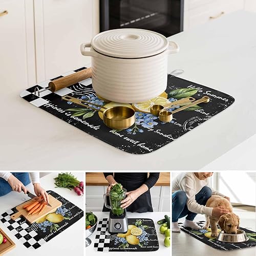 Miniatura 5 de Tapete de secado de platos de limón tropical de verano para encimera de cocina, búfalo a cuadros de microfibra absorbente de color negro y blanco,