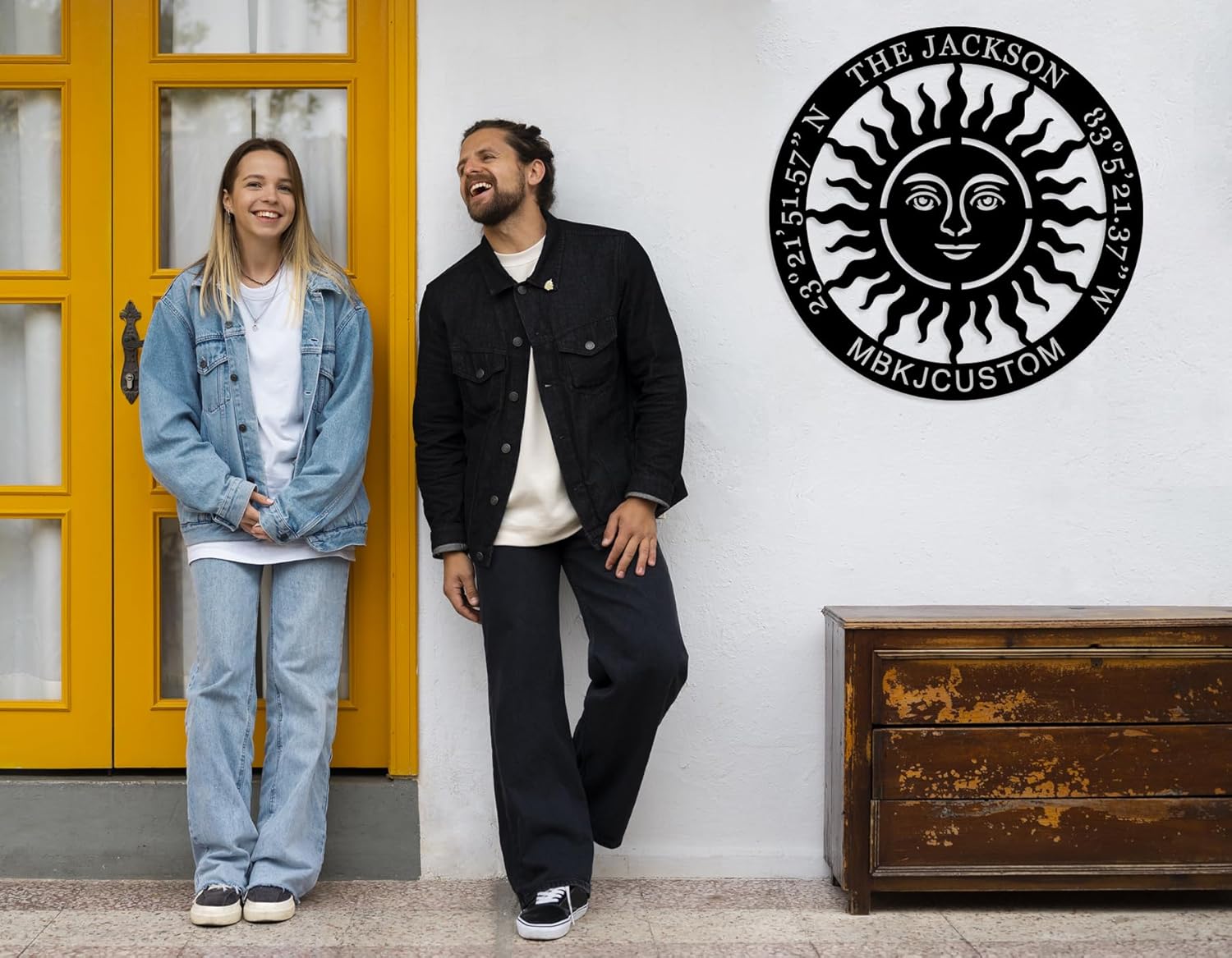 Generic Sun Wall Plaque Home Garden Decor, Sun Face Signs with Family Last Name and Latitude Longitude, Tribal Sun Metal Sign, Custom Metal Name Sign Outdoor, Housewarming Gifts, black