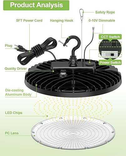 Miniatura 6 de KUKUPPO Paquete de 2 luces LED de alta bahía de 150 W, 120 W, 90 W, ajustables, 4500 K, 5000 K, 5700 K, luz de tienda UFO de alta bahía con enchufe,