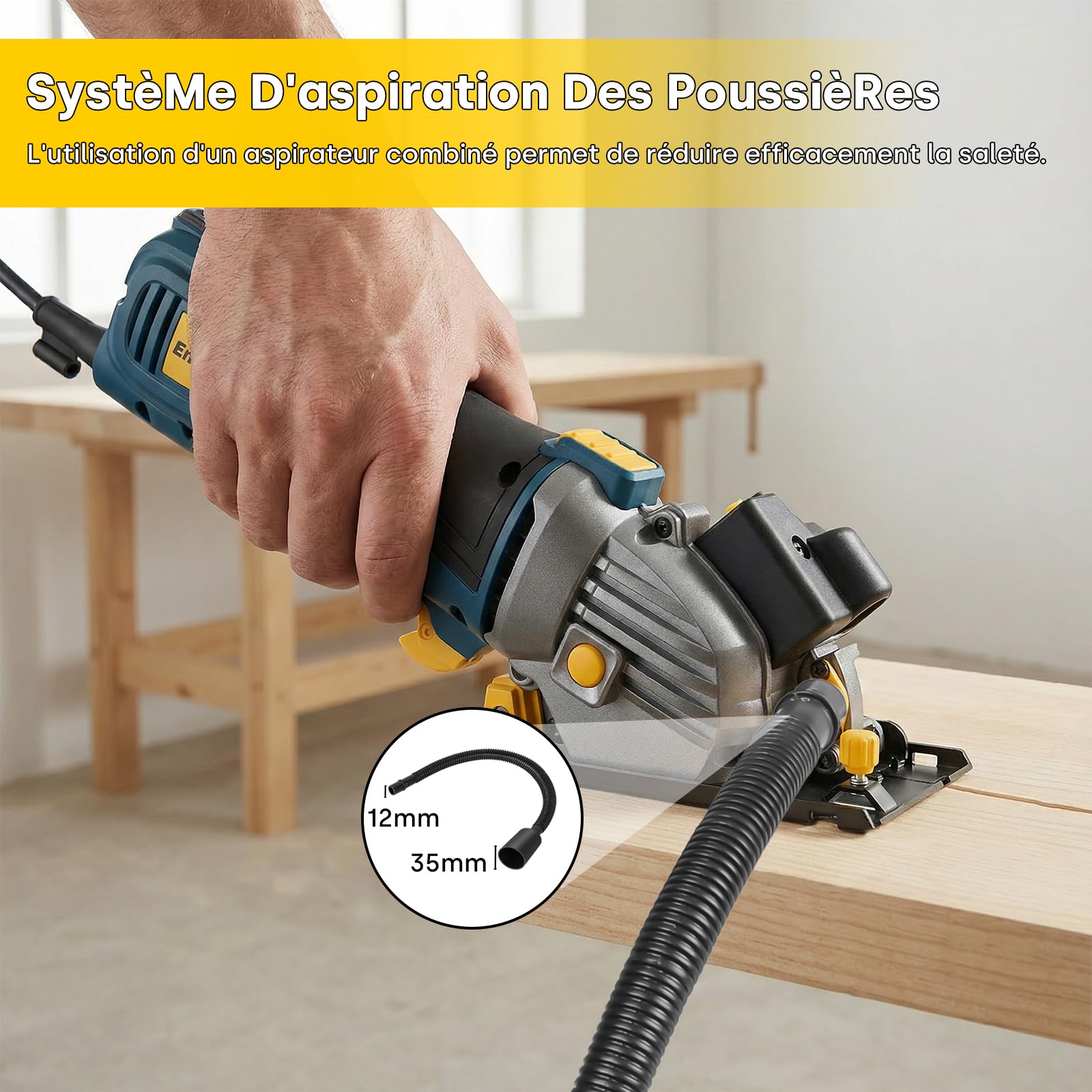 Enventor 600W Mini Scie Circulaire, Petite Scie Circulaire Portative avec échelle et Guide Laser, 5500RPM, Utilisation à une Main, 3 Lames de Scie, pour Bois, Carrelage, Plastique et Métaux fins