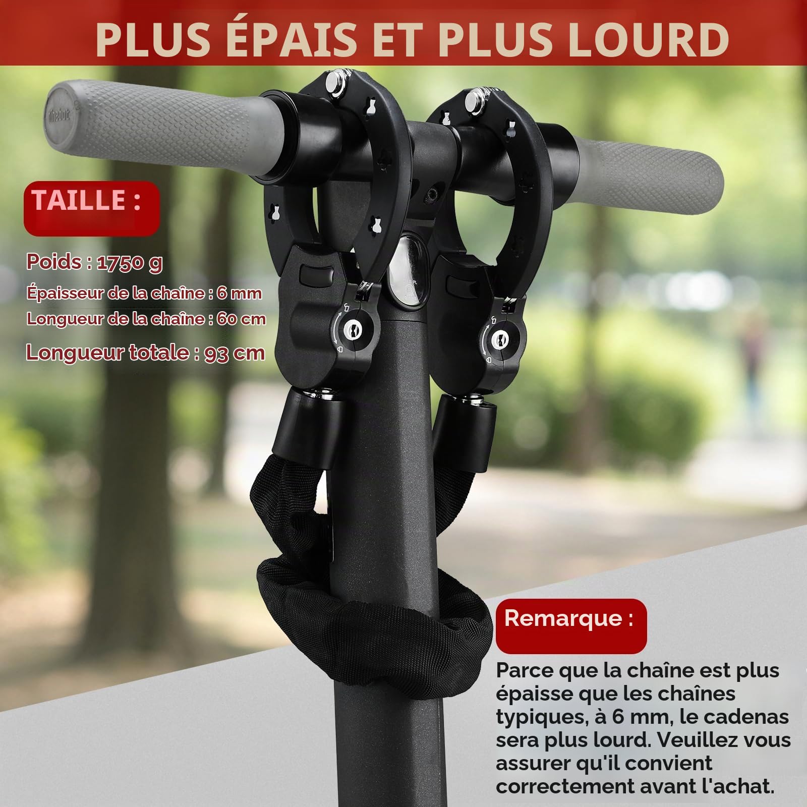 TLGREEN Antivol Trotinette Electrique, 93cm Robuste Antivol Chaine Velo | 6mm Chaînes, avec Clés, Sac Etanche, Cadenas Velo Antivol pour les Scooter, Vélos, Moto, Portail, Clôture, Poussettes