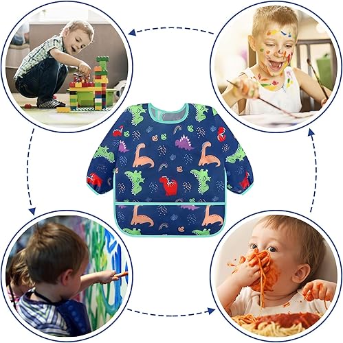 Miniatura 6 de Accmor Paquete de 5 Baberos de Manga Larga, Delantal Babero Impermeable con Mangas para Bebé y Niño Pequeño de 6-36 Meses Dinosaurio azul/dinosaurio