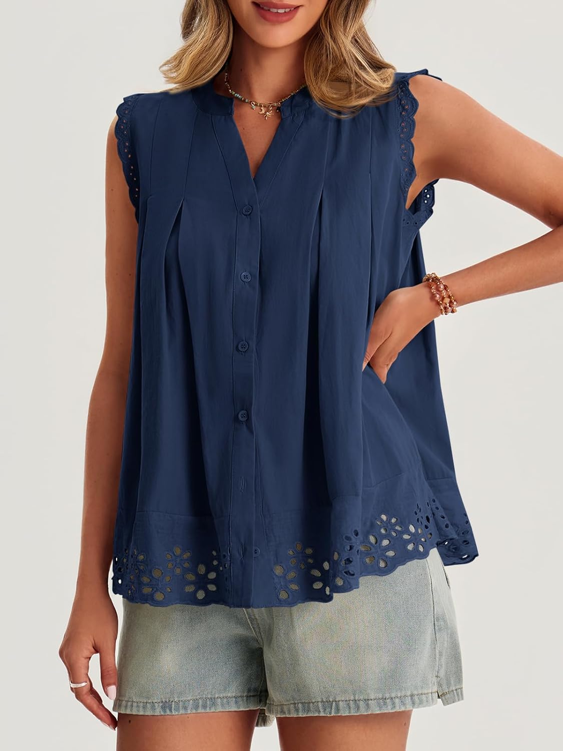 Cicy Bell Womens Summer Eyelet Tank Tops V Neck Ruffle Sleeveless Button Down Shirts Casual Cotton Loose Fit Tees - Image 3