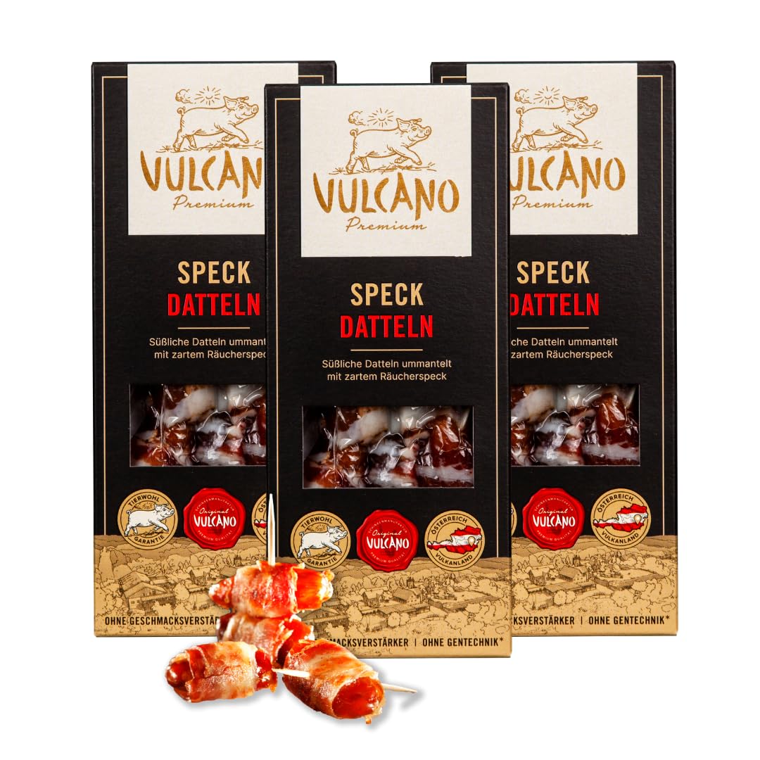 Speckfrüchte mit natürlich Zutaten aus Österreich, Datteln umwickelt mit Räucherspeck, Österreichisches Qualitätsprodukt, Antipasti, Tapas (Speckdatteln)