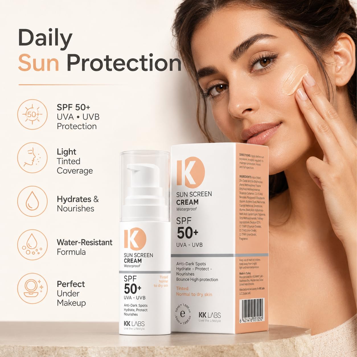 KK Labs Tinted Sun Cream for Normal to Dry Skin 50ml - Hydrating Daily Facial Sunscreen with a Tint That Evens Tone for a Natural, Radiant, Comfortable Complexion, Men and Women