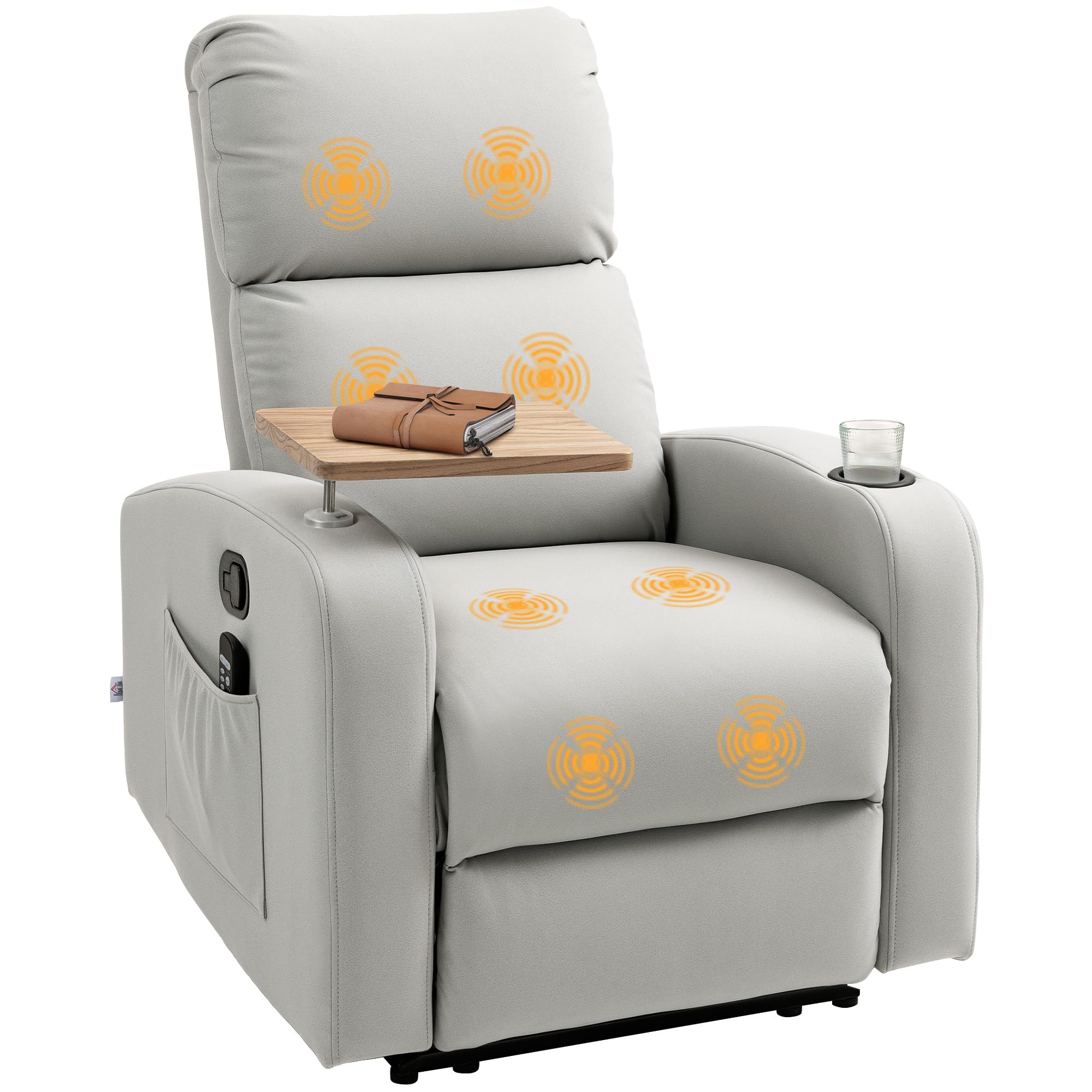 HOMCOM Sillón de Masaje con 8 Puntos de Masaje Sillón Relax Eléctrico Sofá Relax con 4 Modos Reclinación 145° Mando a Distancia Mesita 2 Bolsillos Laterales y Posavasos 77x93x105 cm Gris Claro