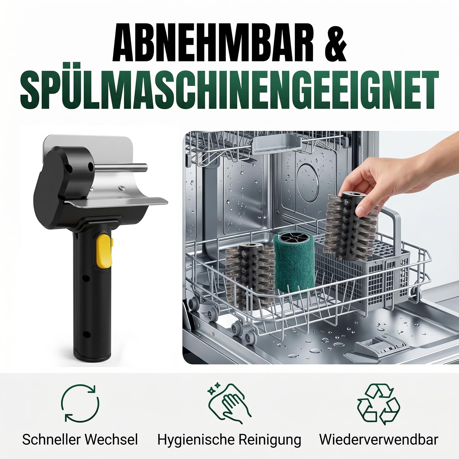 Elektrisches Grillbürstenkabelloser Reiniger mit 2000mAh Akku, 550U/min Motor & Doppelsicherheitsschloss, Kabelloser BBQ Grillreiniger mit 2 Edelstahl-Bürstenköpfen Type-C Ladung für Grillrost