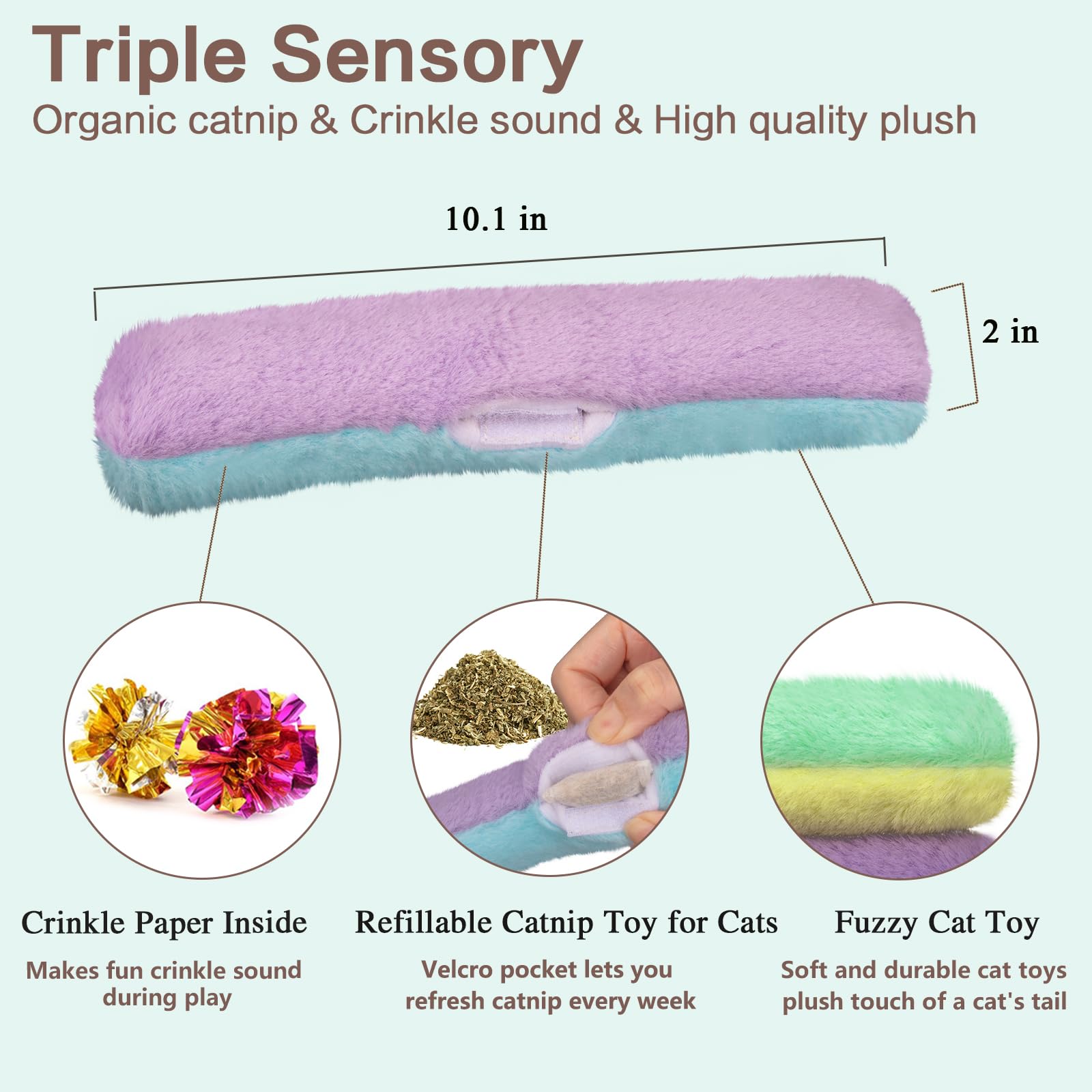 Retro Shaw Cat Toys Pillows 3 Pcs,Refillable Catnip Toys with Crinkle Sound Inside,Interactive Indoor Kitty Kicker Toy,Cat Nip Kitten Kick Sticks 10.1 Inches