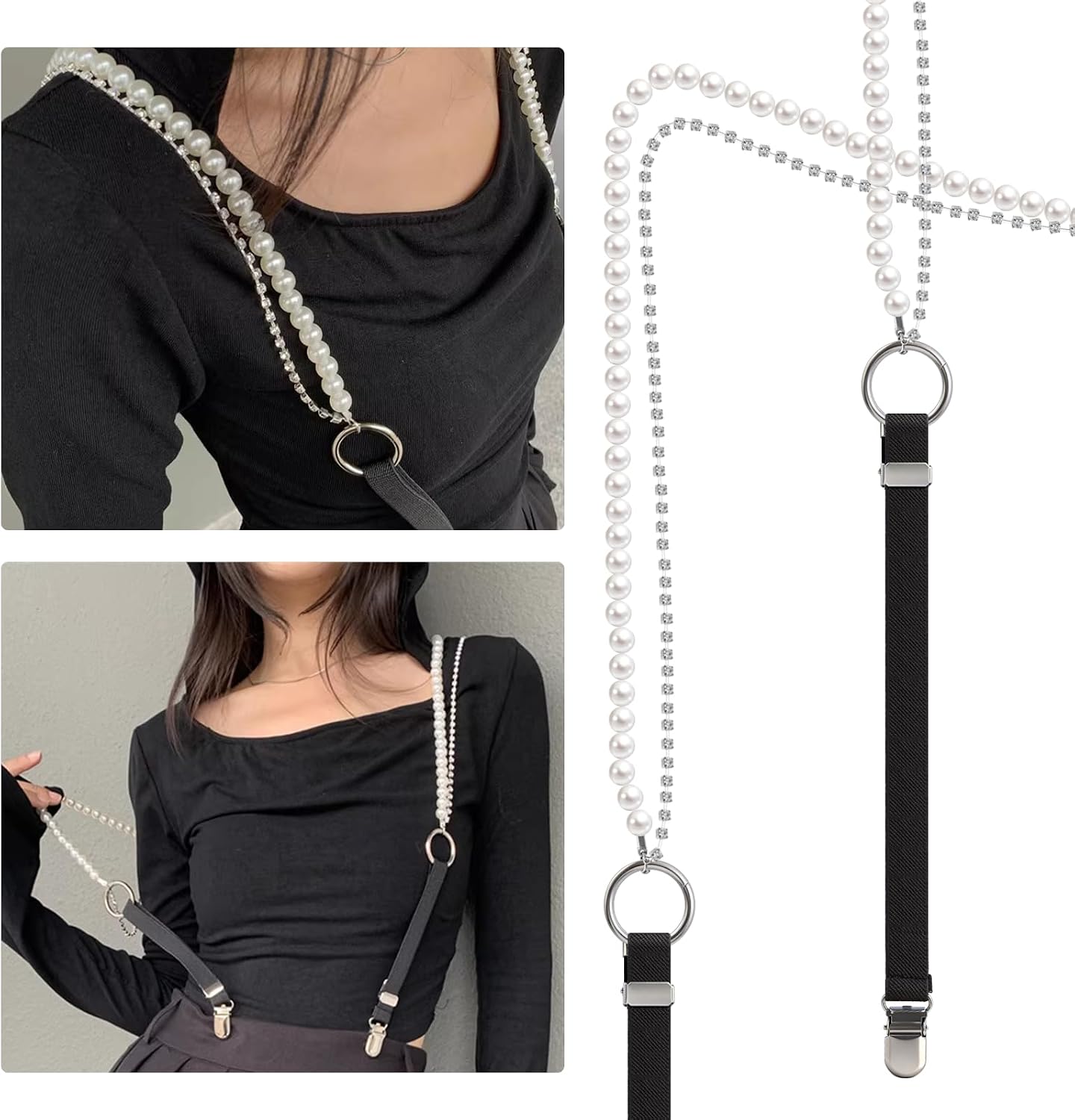Suspenders Women 2-Pack - Fashion Rhinestone & Pearl Y-Shape Suspender Belts for Lady, Adjustable Elastic Braces with Metal Clips, Cute Wide Suspenders for Pants, Skirt, Bridal, Christmas Gift