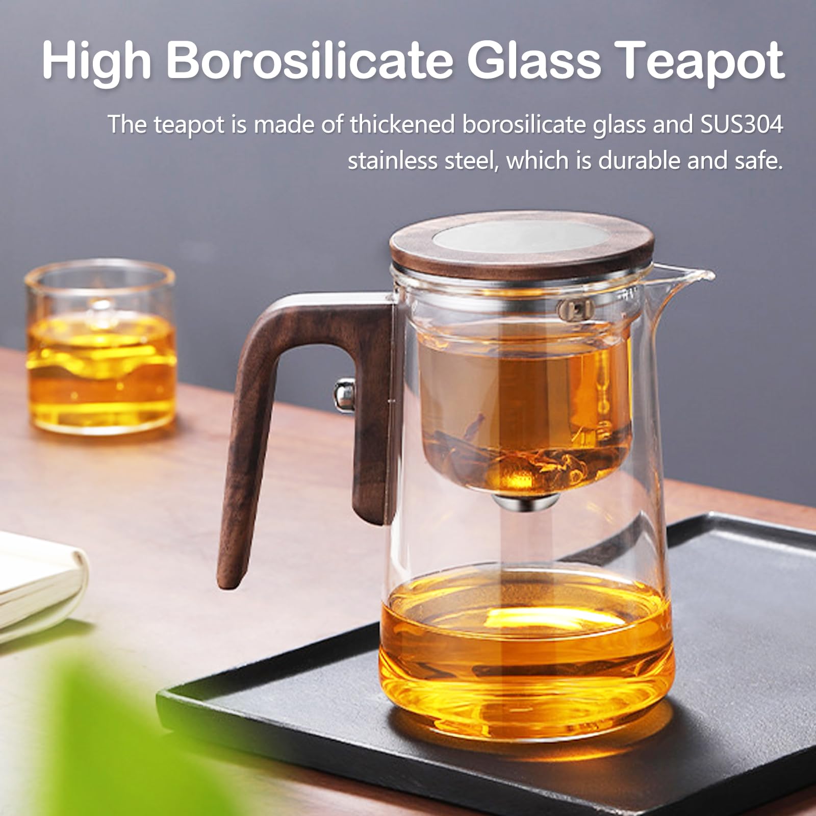 Teiera in Vetro con Infusore Ysislybin, Teiera Magica con Separazione dell'Acqua e Manico in Finta Legno, 800 ml