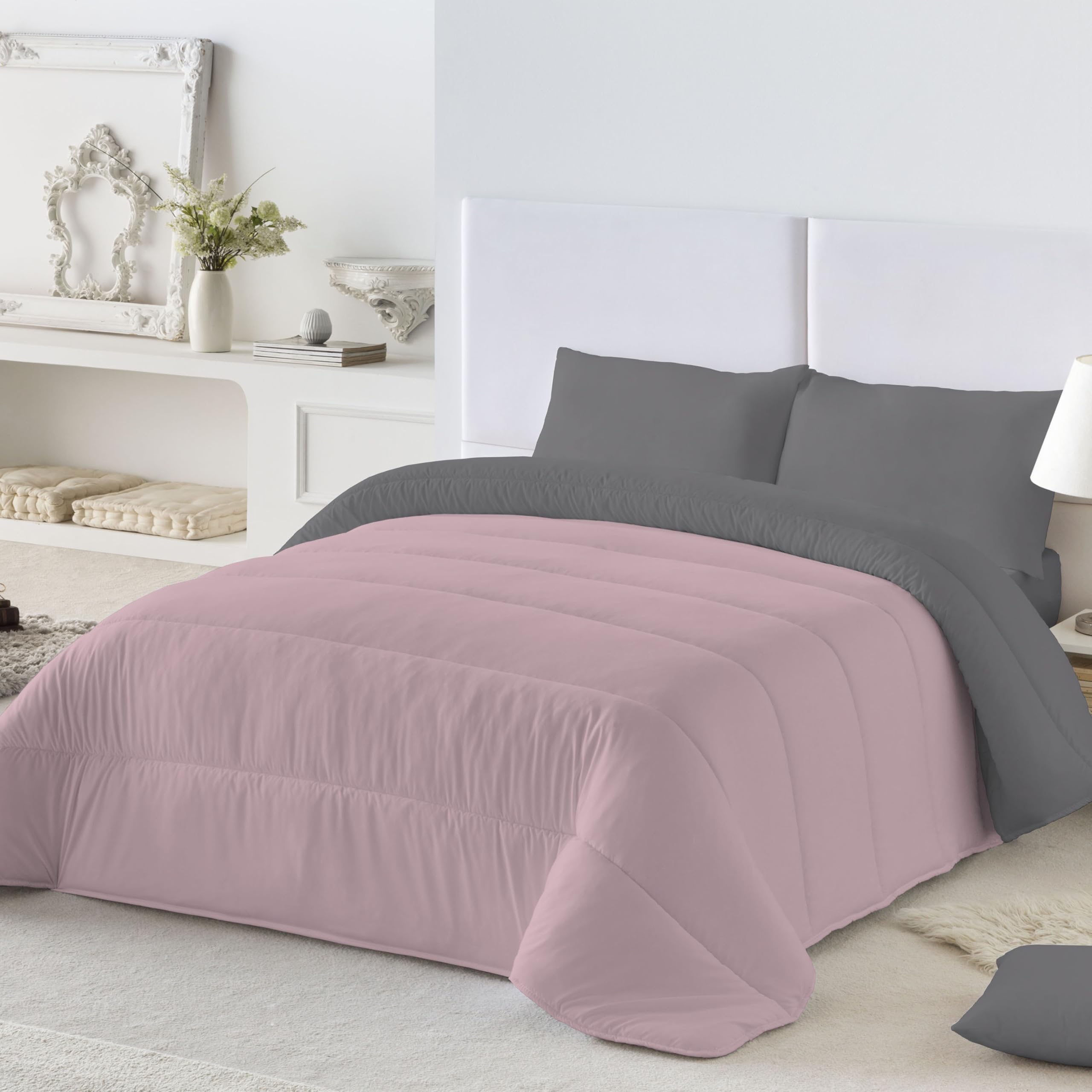 NATURALS - Edredón Nórdico 300 Gramos Liso Bicolor - Reversible - Microfibra Extrasuave - Acolchado Gran Confort y Transpirable - Rosa Viejo/Gris - Cama 90/105 (180x260 cm) - Fabricado en España