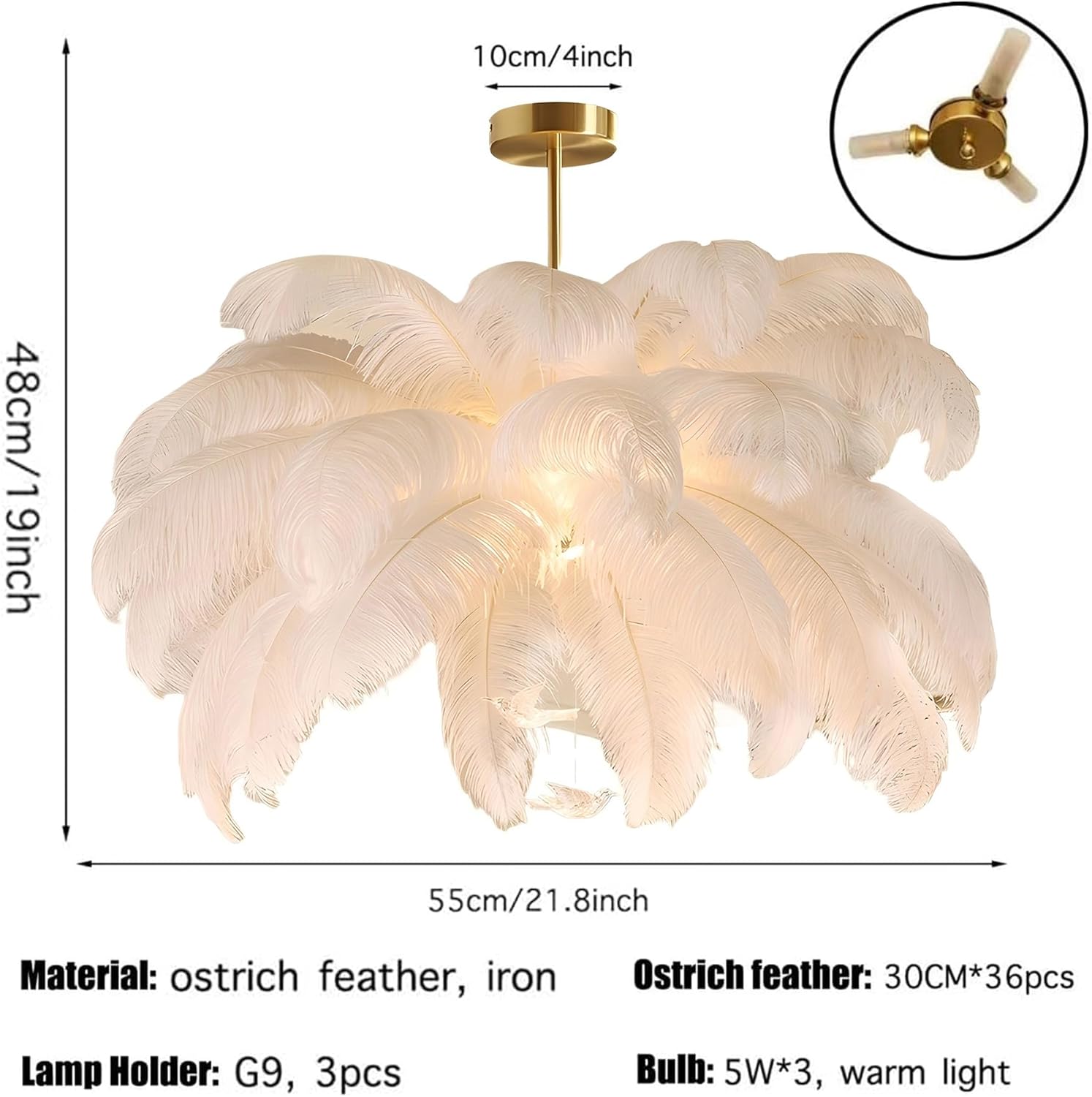 Ostrich Feather Chandelier Luxury Romantic White Feathers Pendant Light Elegant Ostrich Feather Hanging Ceiling Lighting Soft Ambient Lighting for Bedroom,Living Room, Girls Room(B, 55CM)
