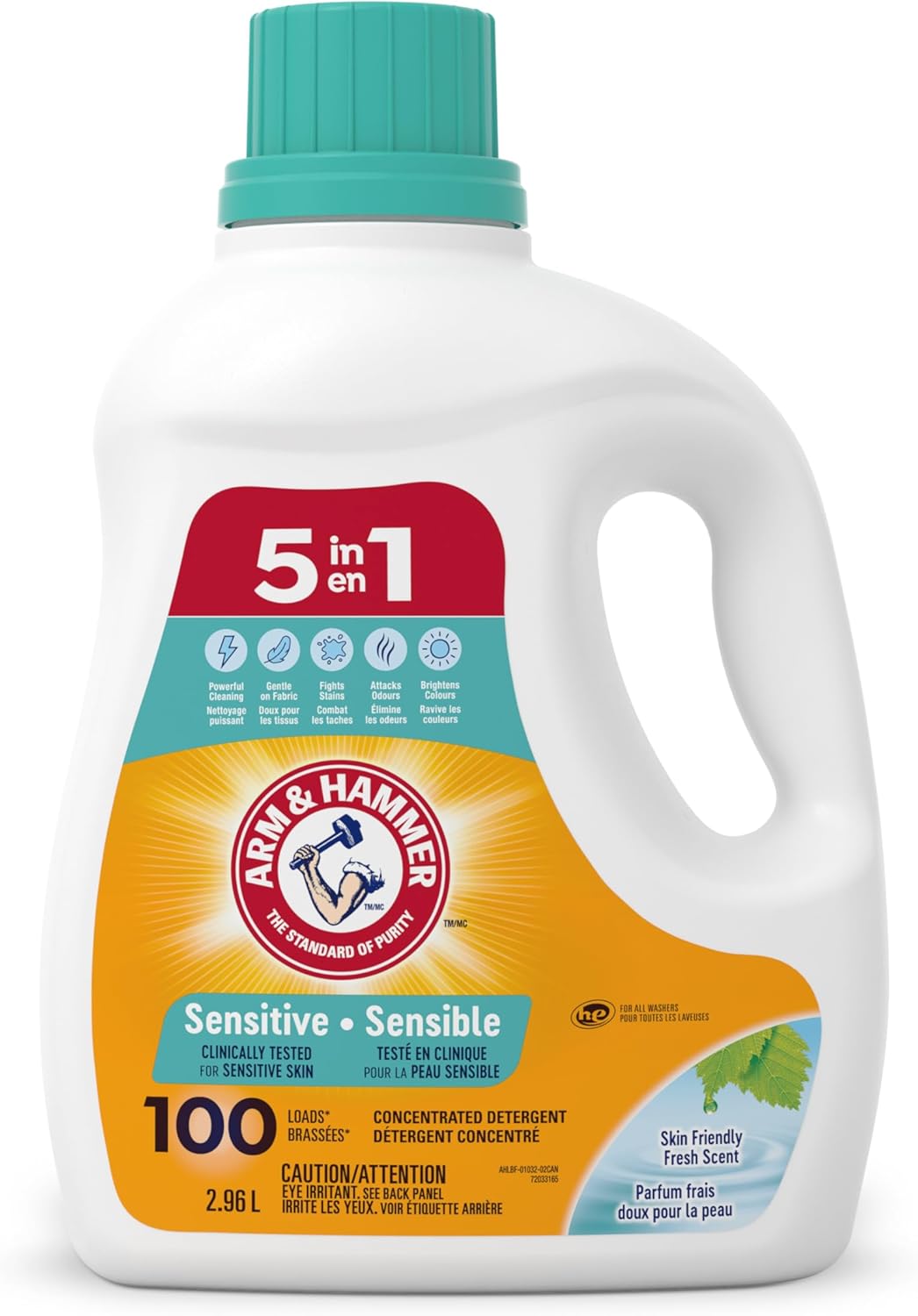 Arm & Hammer Liquid Laundry Detergent for Sensitive Skin, Super Concentrated, Skin Friendly Fresh Scent, 100 Loads, 2.96-L