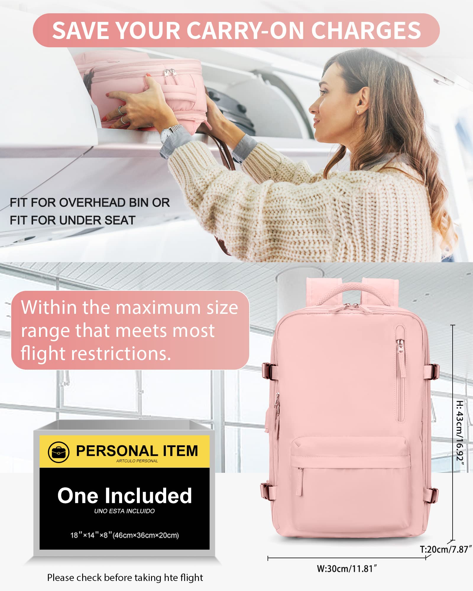 Zaino da Viaggio per Easyjet 45x36x20 Bagaglio a Mano Zaino Borse da Cabina per Ryanair Il Sedile Zaino Aereo Bagaglio a Mano Donna Borsa Cabina Viaggio Zaino Travel Viaggio Casual Daypack,A2 rosa