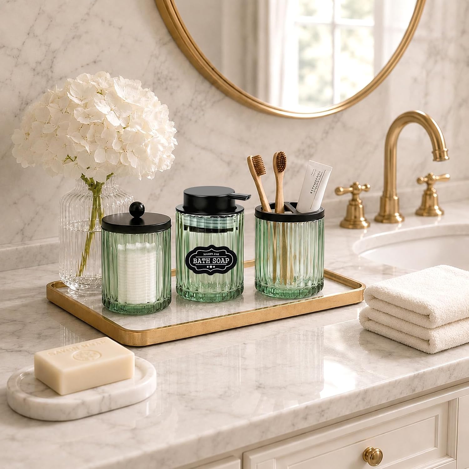 Amolliar Bathroom Accessories Set 2PCS, Glass Lotion Soap Dispenser & Toothbrush Holder, Countertop Organizer for Kitchen, Shower, Vanity, Rustic Farmhouse Bathroom Decor, Bathroom Essentials, Green