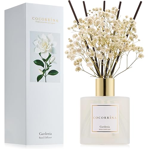 COCORRÍNA Reed Diffuser - Gardenia 6.7 Fl.oz Reed Diffuser Set with Sticks & Preserved Baby's Breath, Reed Diffuser for Home Bathroom Shelf Decor