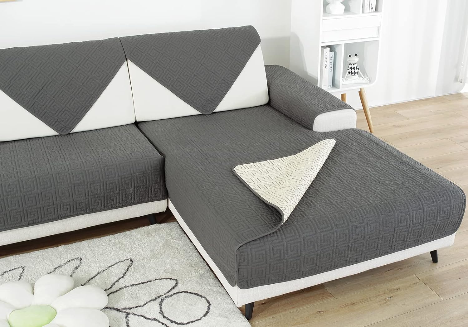 vctops Geometric Embroidery Cotton Sofa Couch Cover Non Slip Quilted Sectional Couch Covers Farmhouse Solid Color Sofa Slipcover for Dogs, Children, Pets Furniture Protector (Dark Grey,36"x94")