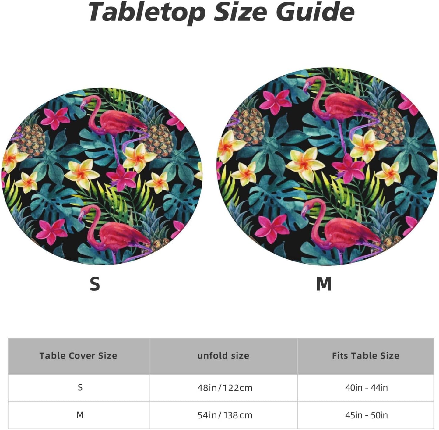 Flamingo Round Tablecloth with Elastic Edge, Summer Pineapple Washable Wipeable Tablecloth, Palm Leaves Polyester Table Cover for Kitchen Dining Party Wedding Holiday Fits Round Table 45-50 in