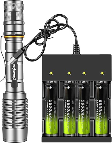 Linternas LED, 4 unidades, batería recargable y cargador de batería, linterna de doble potencia de 4 bahías con clip, 5 modos, resistente al agua,