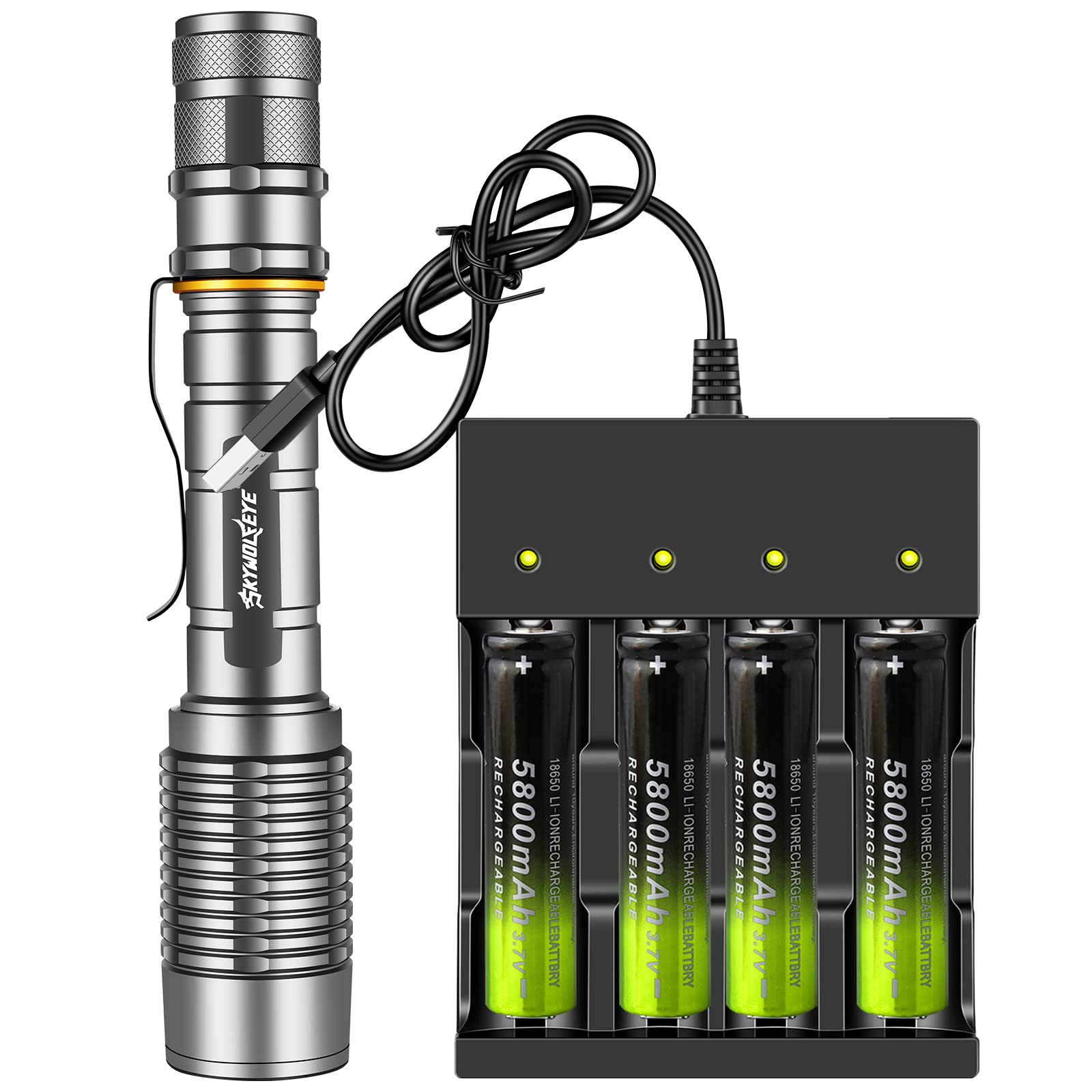 LED Flashlights 4-pcs Rechargeable Batter?y and Battery Charger 4 Bay Dual Power Flashlight with Clip 5 Modes Water Resistant High Lumen for Hiking Camping Hunting Fishing