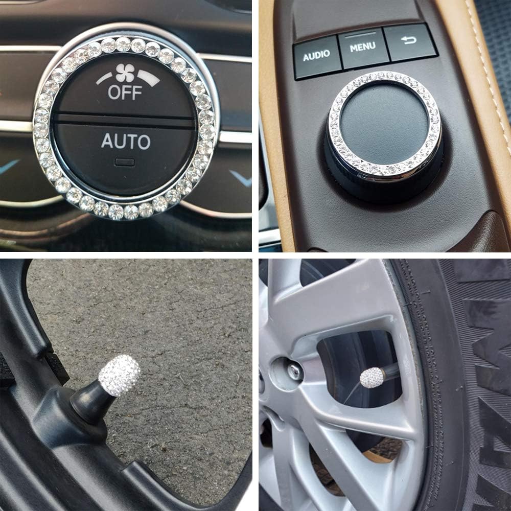 4PCS Crystal Rhinestone Universal Stem Covers with 2Pcs Car Shine Crystal Rhinestone Bling Sticker Emblem Ring for Car Engine Ignition Button Key & Knobs, Unique Gift (Silver)