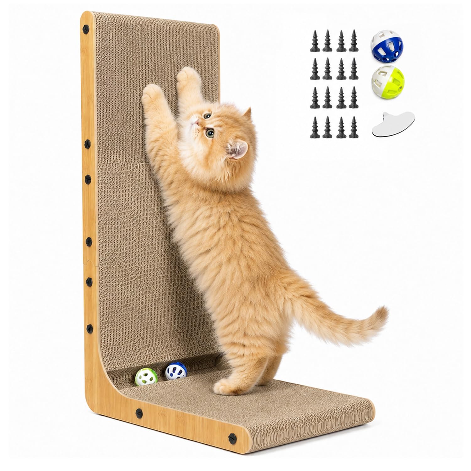 Xeticey Cat Scratcher, L Shape 68cm Cat Scratch Pad for Indoor Cats, Cardboard Vertical Scratching Board Protecting Furniture with Ball Toys*2