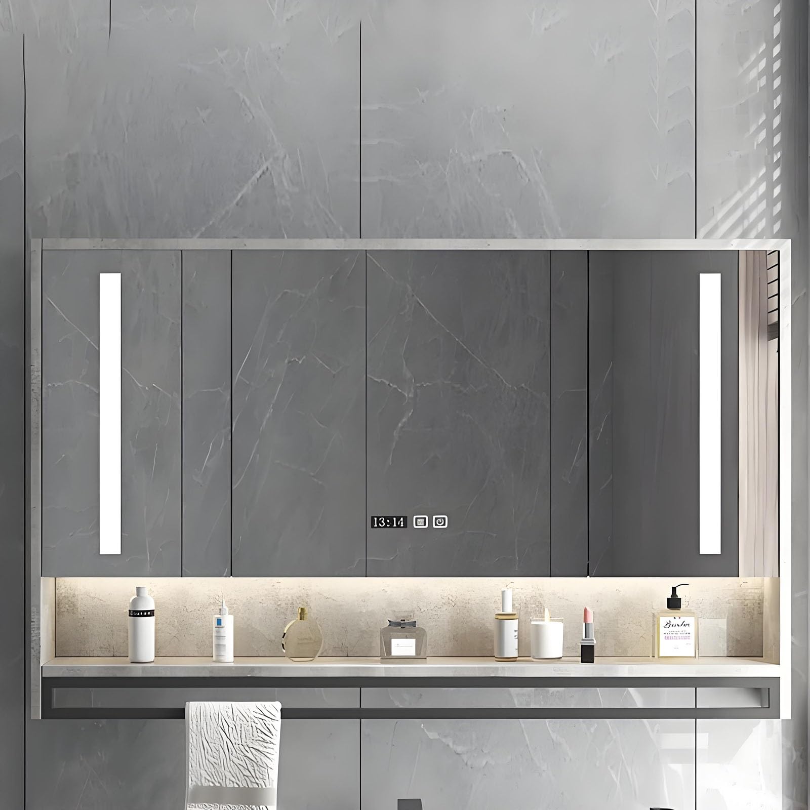 SXFSDOU Illuminated LED Bathroom Mirror Cabinet with Defogger & Lights Stylish Gray Design 100x12x75cm - Modern Makeup for Elegant Bathrooms