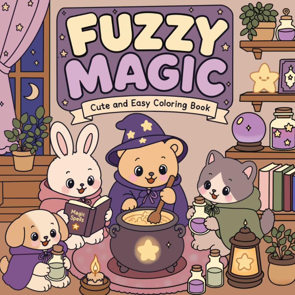 Fuzzy Magic: Cute and Easy Coloring Book with Adorable Animal Wizards, Cozy Magic Adventures, and Whimsical Fantasy Scenes
