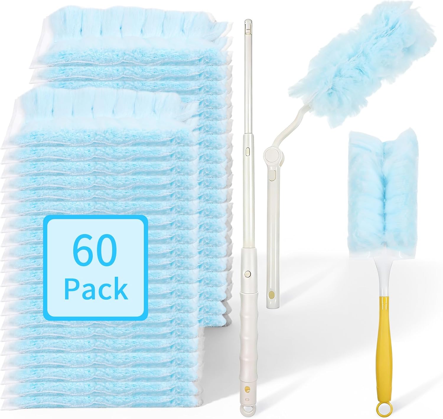 60 Count 360° Duster Refills, Disposable Heavy Duty Duster Refills Kit with 2 Handles, Microfiber Duster Feather Duster Electrostatic Lock-Dust System for Cleaning Furniture, Blinds, Electronics