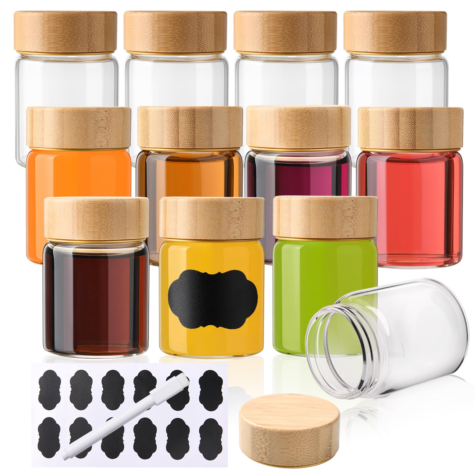 YBCPACK 12 Pack 2oz/60ml Mini Glass Shot Bottles with Bamboo Lids, Reusable Wellness Shots Bottles with Label, Pen