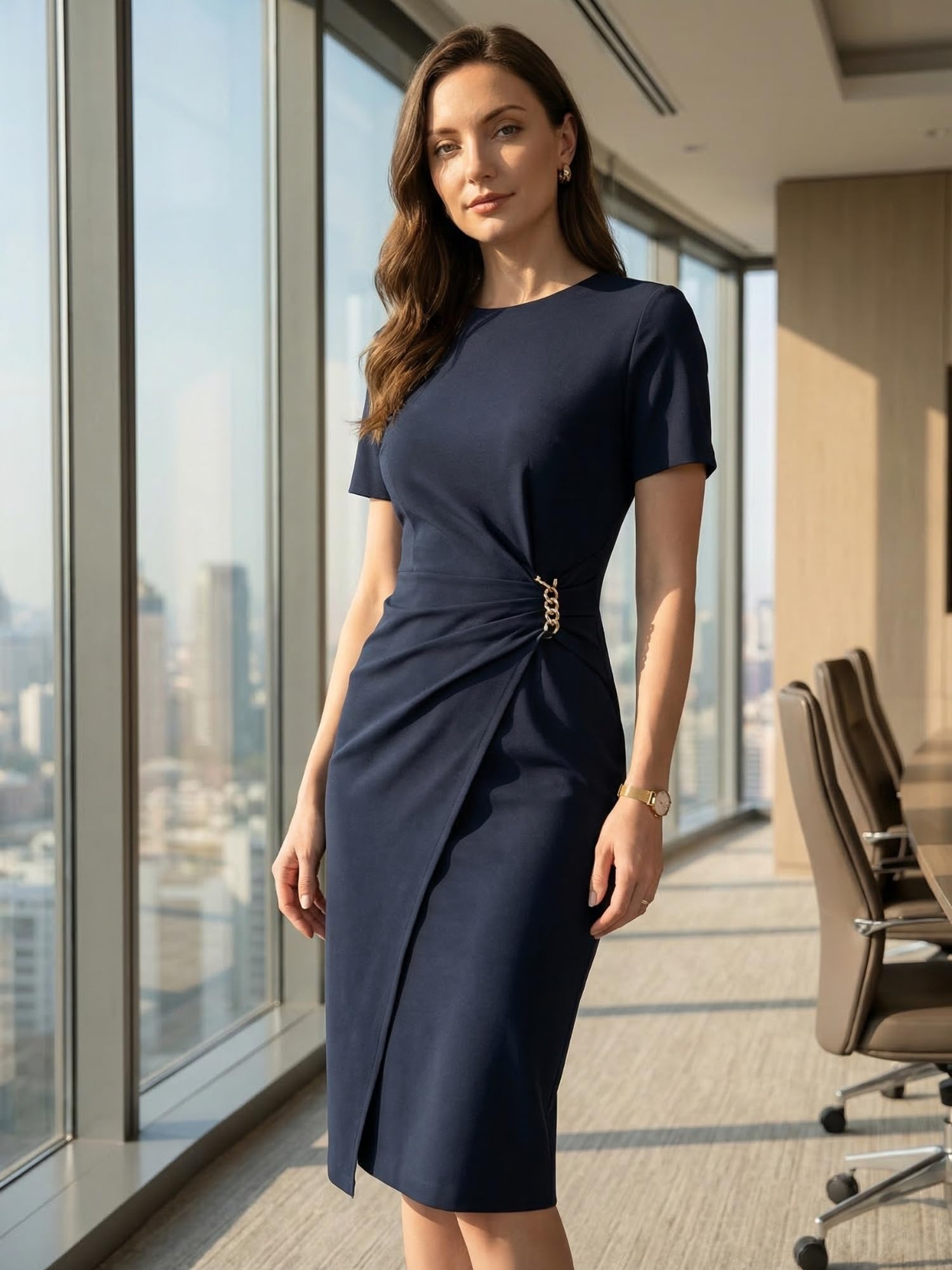 Allegra K Damen Arbeits Kleider Kurzärm Rundhals Wickelkleid Business Büro Etuikleid