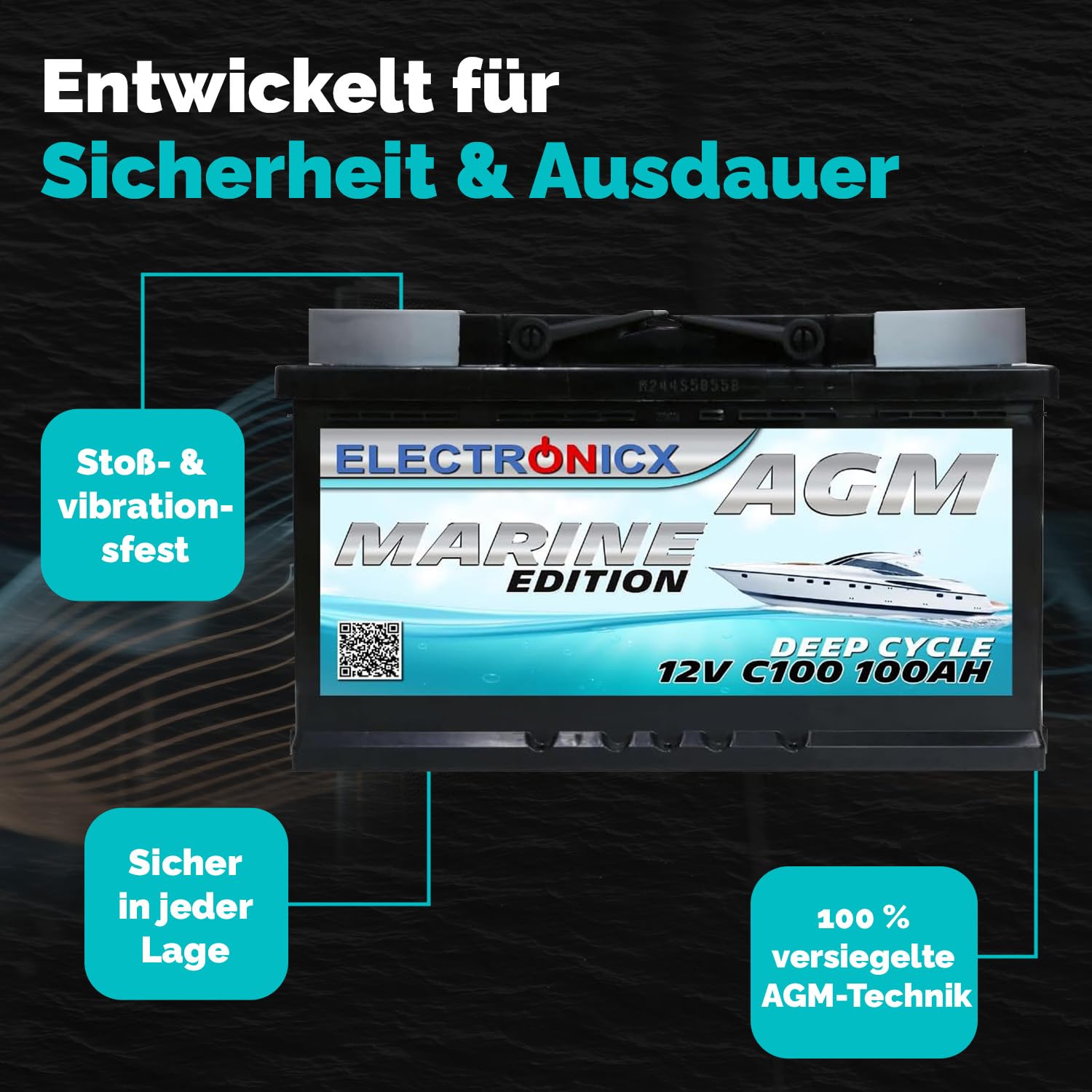 AGM Batterie 100Ah 12V – Solarbatterie für Wohnmobil, Wohnwagen, Boot, Mover – Versorgungsbatterie Deep Cycle – Wartungsfrei & Zyklenfest