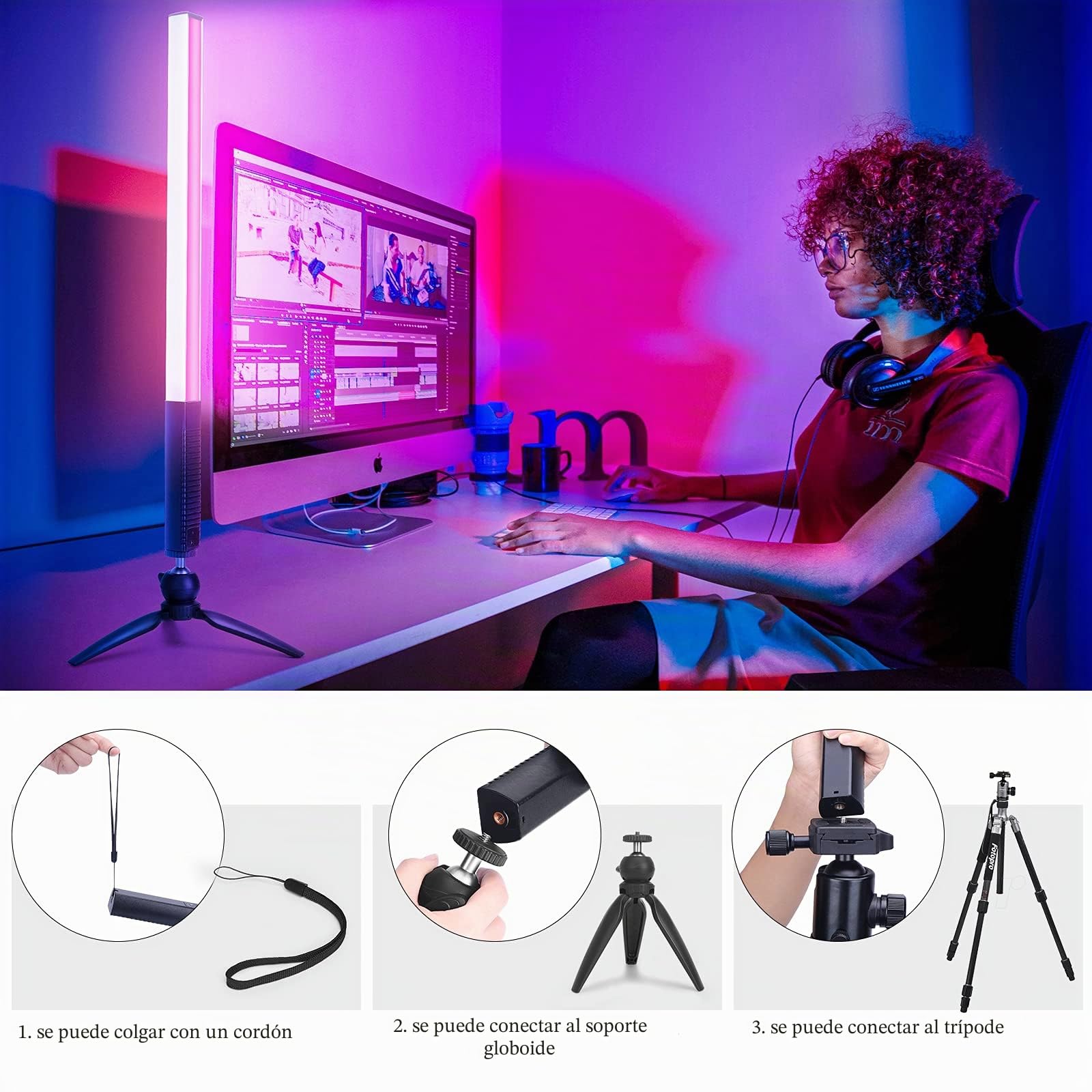 Paquete de 2 Varita de luz de Video LED RGB, Kits de iluminación de Estudio de fotografía LUXCEO con trípode de 29 "a 81", Palo de luz de fotografía Regulable 36 Colores 3000K-6000K