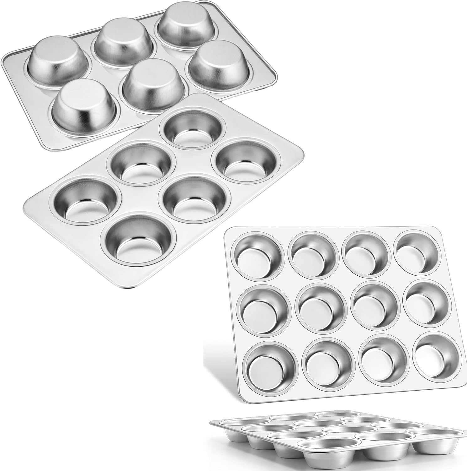 E-far Muffin Pan 6-Cup and 12-Cup Set, Stainless Steel Muffin Pan Tin for Baking, Metal Cupcake Pan Tray, Non-toxic & Healthy, Oven & Dishwasher Safe, Regular Size