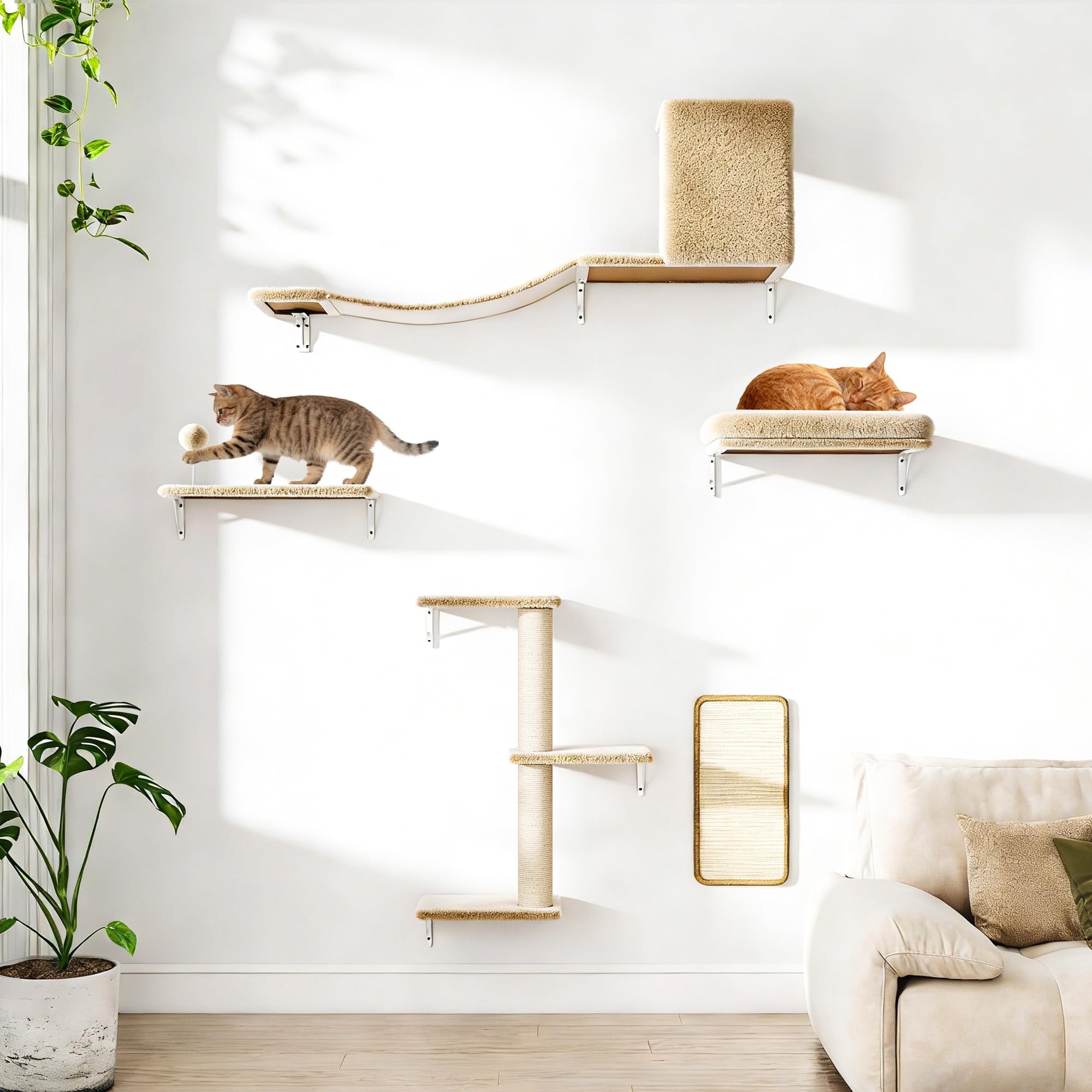 COZIWOW Cat Wall Shelves Set, 5-Piece Wall Mounted Cat Furniture with Cat Tree & Scratching Post, Floating Cat Perches for Indoor Cats（Beige） - image 7