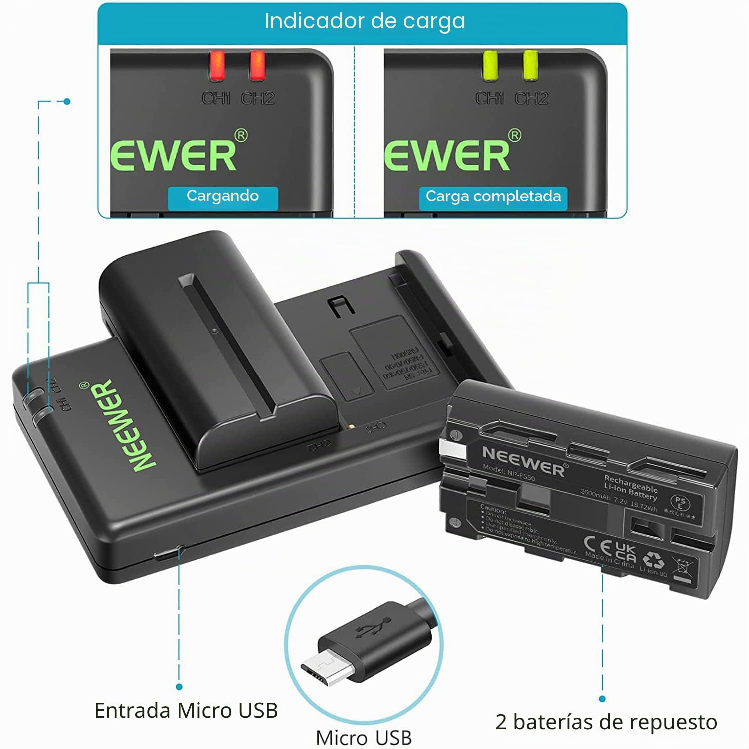 NEEWER NP-F550 Juego de Cargador de Batería, Compatible con Sony NP F970 F750 F960 F530 F570 CCD-SC55 TR516 TR716 y Luz LED NEEWER, Monitor (2-Paquete Baterías de Repuesto, Cargador de Doble Ranura)