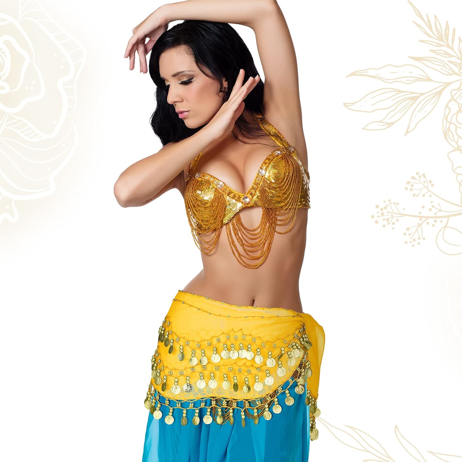 Yahenda 12 Pcs Belly Dance Hip Scarf Belly Dance Skirt with 108 Gold Waist Chain Coin Sash Chiffon Dangling Bling Wrap Belt(Classic Colors) - Image 5