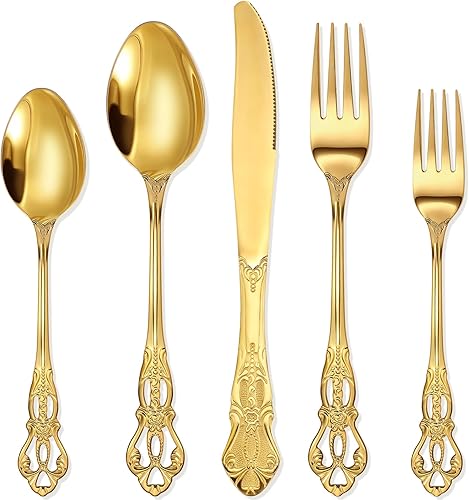Dandat Juego de 30 cubiertos retro Royal de acero inoxidable, incluye cuchara tenedor y cuchillo para cocina, restaurante, hogar, boda, fiesta de