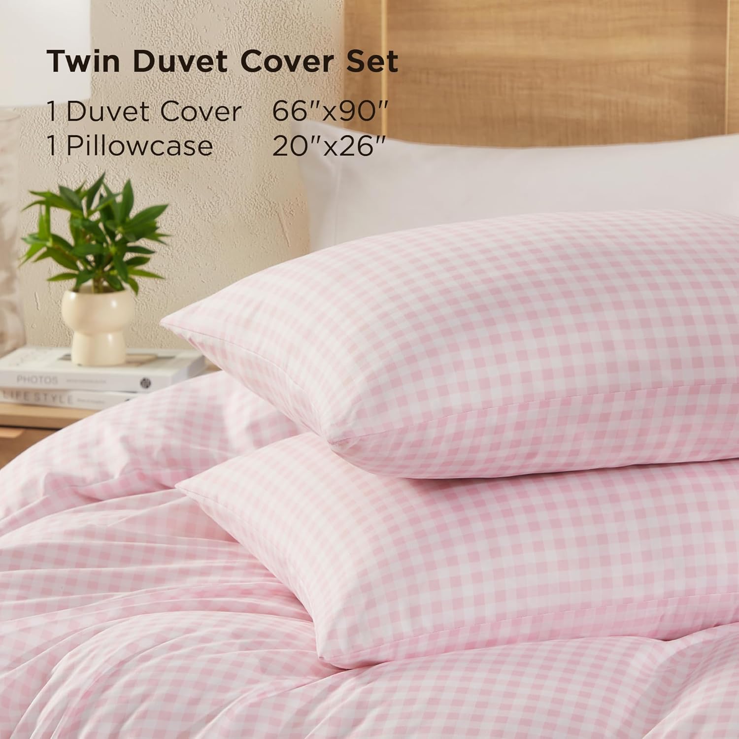 Andency Gingham Duvet Cover Twin Size, Pink Blush Checkered Plaid Bedding Set with Zipper Closure & Corner Ties, 2 Pieces Soft Prewashed Polyester Comforter Cover for Dorm Kids