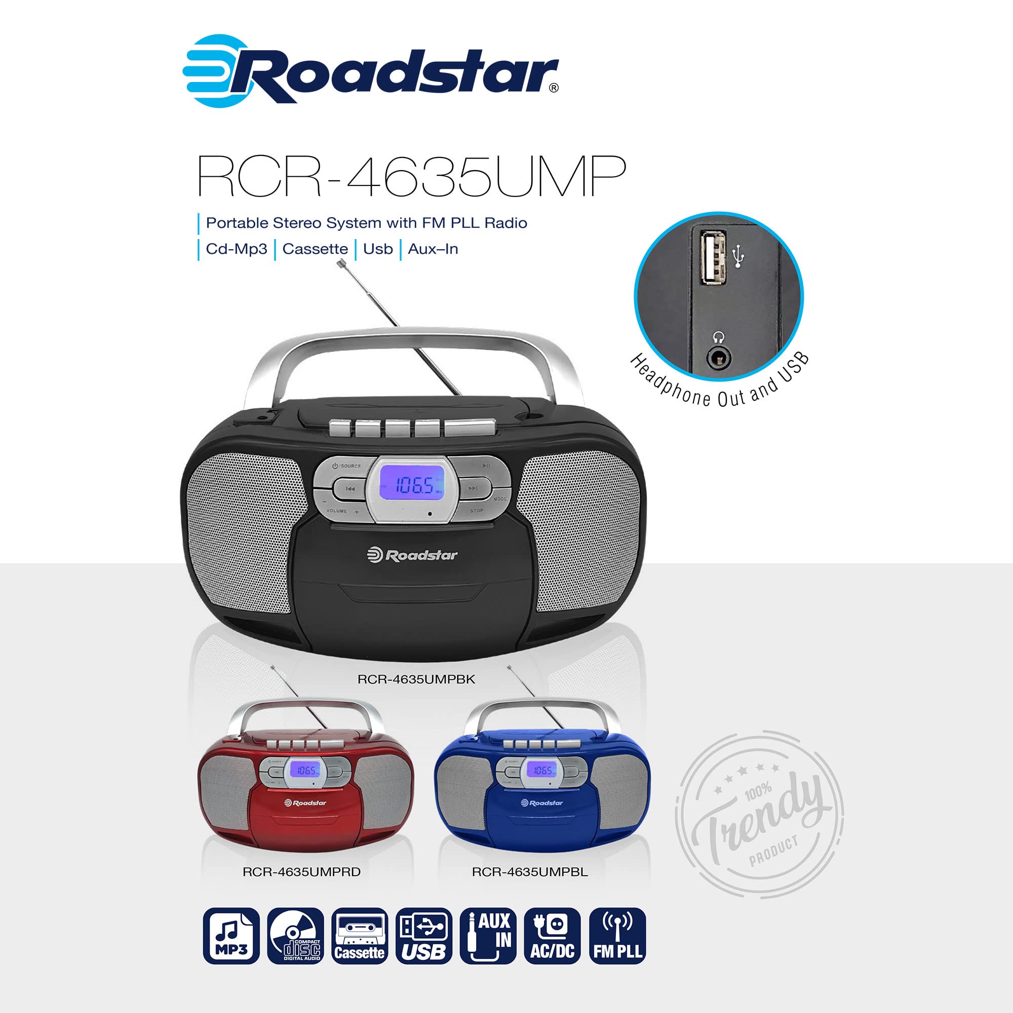 Roadstar RCR-4635UMP/RD Radio CD Cassette Portable, Radio Numerique PLL FM, Lecteur CD-MP3, USB, AUX-in, Sortie Casque, Rouge