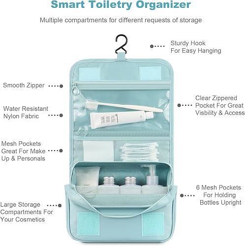 Miniatura 8 de Mossio Neceser colgante  Organizador grande de viaje de maquillaje cosmético para hombres y mujeres con gancho resistente
