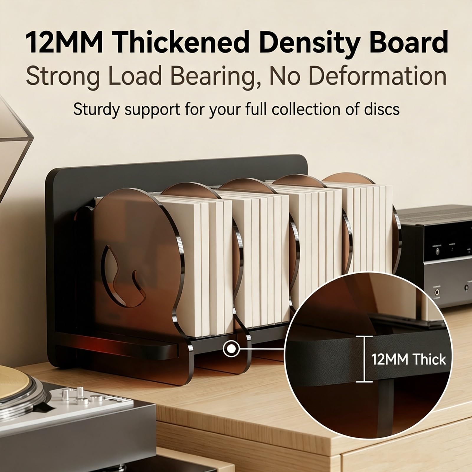 Estantería CD Vinilos 4 Compartimentos Organizador Mesa Librería Baja. | Estantería Madera Organizador Discos con Separadores Acrílicos Estante Multimedia Dormitorio.(Black)