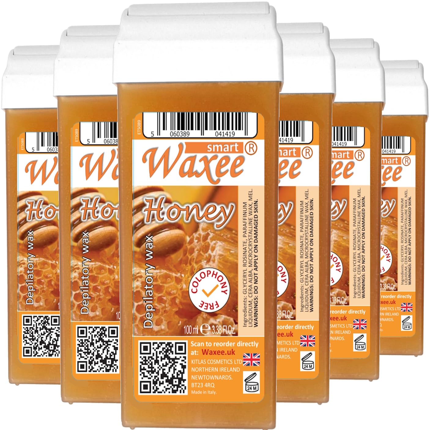 Waxee Roll On Wachskartusche, 100 ml, natürliches Honigwachs - Kolophoniumfrei - Körperwachs - Haarentfernungsbehandlung zu Hause - Empfindliche Haut - Unisex