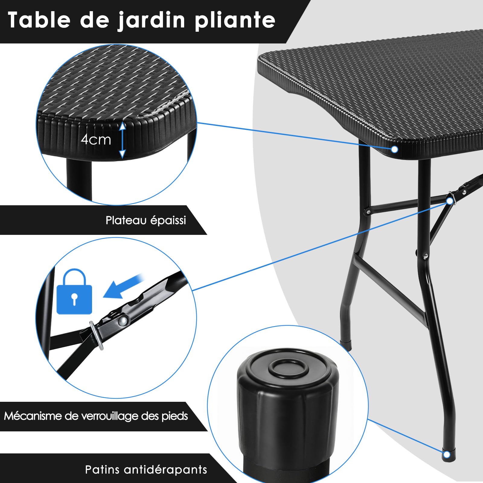 LIFERUN Table de Camping Pliant 180x75 cm,Table de Jardin en HDPE Plastique | avec Poignée, Résistant, Capacité 10 Personnes, Charge Max 150 kg, pour Terrasse et Balcon,Fête ou Plage,Design Rotin-Optique