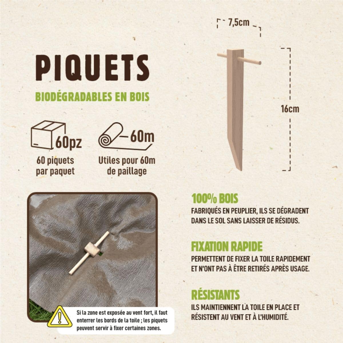 Kit de tela de acolchado de papel Kraft 0,9 x 20 m + 60 estacas de madera, fijación con pajillaje autodegradable, antimalezas jardín