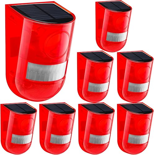Qualirey Paquete de 8 alarmas solares de sonido y luz, sensor de movimiento, 129 db, sirena de seguridad para exteriores, impermeable, detector