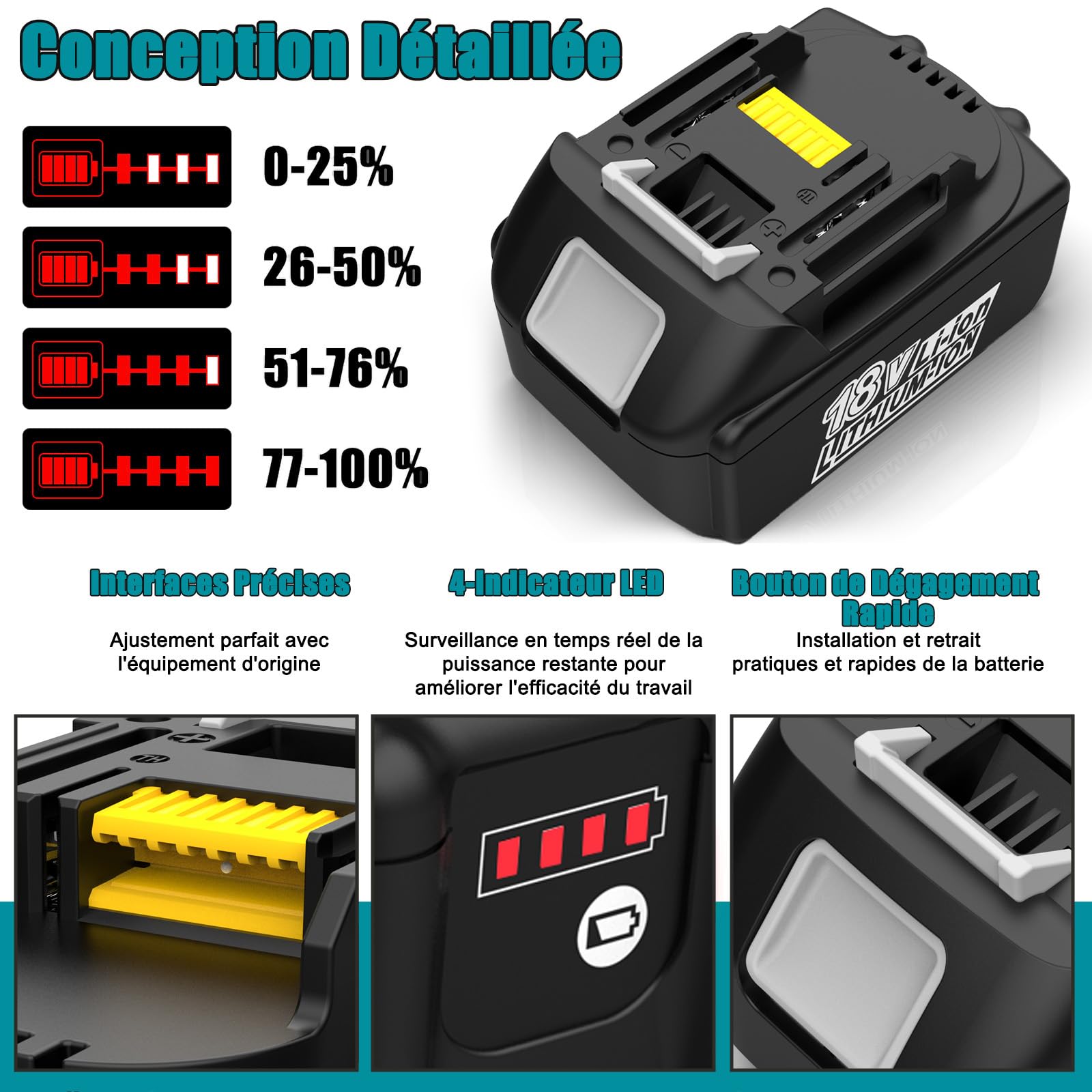 4pcs 18V 5500mAh Batterie pour Makita 18V Batterie